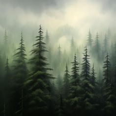 a painting of pine trees in the foggy forest