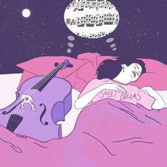 a woman laying in bed next to a purple violin on top of a pink blanket