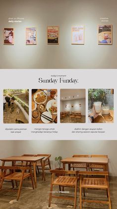 an advertisement for the sunday fund day with wooden tables and chairs in front of them