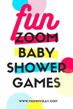 the text fun zoo baby shower games is shown in multicolored circles on a white background