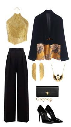 Black pants and golden top outfit with gold jewerly New Year’s Party Outfit, Nouvel An Outfit, Golden Top Outfit, Black And Gold Outfit Ideas, Black And Gold Birthday Outfit, Gold Top Outfit, Gold Outfits For Women, Gold Tops Outfit, Party Outfit Night Classy