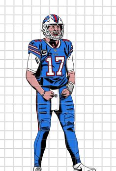 a drawing of a football player in blue and white uniform standing with his hands on his hips