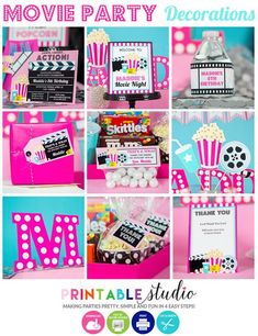 a movie party with pink and blue decorations, popcorn bags, moviestripe signs