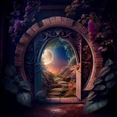 an open door leading into a lush green forest filled with flowers and trees at night