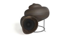 a wooden object with metal stand and speakers on it's sides, against a white background