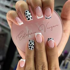 Cowprint French Tip Nail Design, Gel Nail Designs Cow Print, Cute Short Gel Nails Cow Print, Pink And Black Cow Print Nails, Pink Black And White Cow Print Nails, Precious Nails, Rodeo Nails, Gel Nail Design