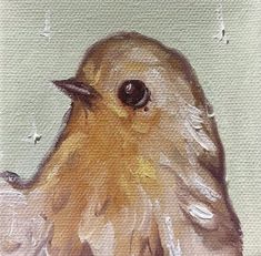 a painting of a yellow bird with drops of water on it's face and beak