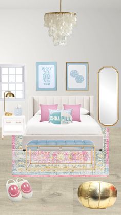 a bedroom with white furniture and pink accessories on the floor, including a gold footstool