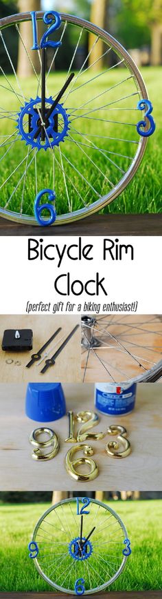 an upside down bicycle rim clock is shown in three different views, and the bottom one has