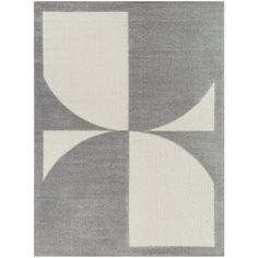 a gray and white rug with an abstract design