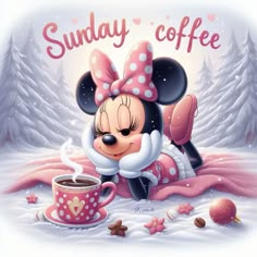 a cartoon mouse is laying in the snow next to a cup of coffee