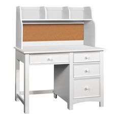 a white desk with two drawers and a cork board on the top, against a white background