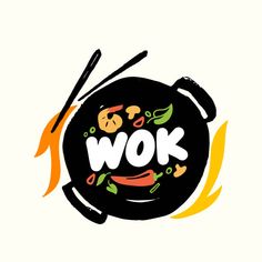 the wok logo with chopsticks sticking out of it's handle and cooking utensils