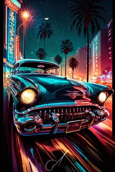 an old car driving down the street at night with palm trees and neon lights in the background