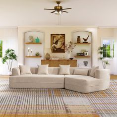 a living room filled with furniture and lots of windows