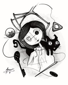 a black and white drawing of a girl with two cats on her shoulder, holding an umbrella