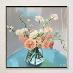 a painting of flowers in a vase on a table