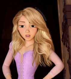 a girl with long blonde hair wearing a purple dress and holding her hands on her hips