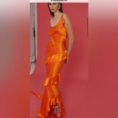 Beautiful Silky Maxi Dress. Would Be Perfect For A Wedding Or Event! Never Worn, Only Tried On. Cheap Elegant Orange Maxi Dress, Luxury Orange Ruffled Dresses, Luxury Orange Ruffle Dresses, Orange Flow Dress, Orange Red Formal Dress, Luxury Orange Evening Dress For Wedding, Luxury Vibrant Orange Dresses, Luxury Orange Gown For Women, Orange Unique Dresses