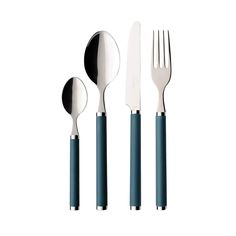 three forks, two spoons and one knife on a white background