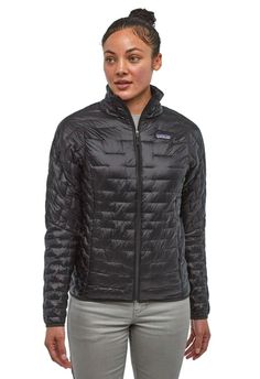 The down versus synthetic debate is over. This Patagonia Women's Micro Puff® Jacket in Black delivers the best of both worlds with a revolutionary, feather-soft synthetic insulation that has an unprecedented warmth-to-weight ratio. Ultralight nylon ripstop Pertex Quantum® shell is water-resistant, windproof and treated with a DWR (durable water repellent) finish Revolutionary PlumaFill insulation replicates the structure of down in a continuous synthetic insulation material, offering the warmth, Insulated Jacket Women, Patagonia Nano Puff, Puff Jacket, Skateboarder, Snow Jacket, Patagonia Womens, Jacket Sale, Patagonia, Repellent