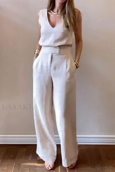 Lasaky - Formal V-Neck Tank Top with Wide Leg Pants and Pocket Detail Elegant Pants Outfit, Elegant Pants, Elegant Pant, Sleeveless Suit, Two Piece Pants Set, Elegante Casual, Summer Chic, Solid Clothes, Lady V