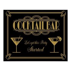 a black and gold cocktail bar sign with two martini glasses on it's side