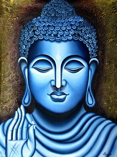 a painting of a blue buddha with his eyes closed and hands resting on his chest