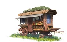 an old wooden wagon with many items on it's roof and grass in the foreground