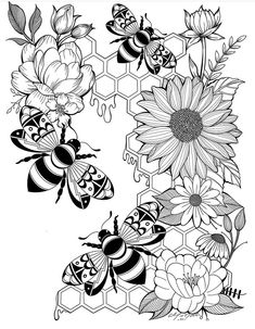 bees and flowers with honeycombs coloring page