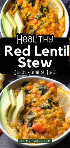 Easy meal-prep healthy red lentil stew, served in a bowl with fresh avocado and lemon for added flavor and nutrition.