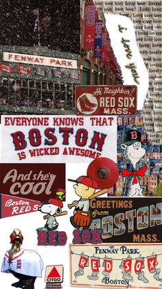 the collage shows many different signs and advertisements in red sox, boston is viced awesome