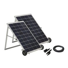 two small solar panels on wheels next to an extension cord and plugged into the ground