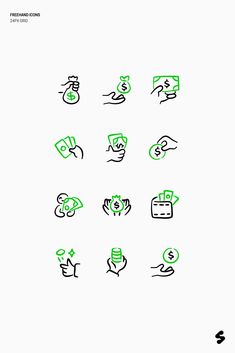 hand drawn money icons on white paper with green marker marks in the middle and below