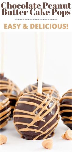 chocolate peanut butter cake pops on a white background with text overlay that reads easy and delicious