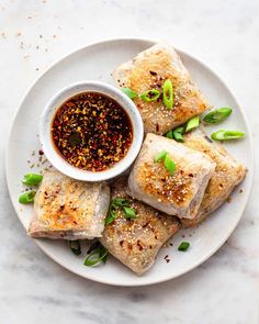 some food on a white plate with dipping sauce