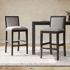 two chairs and a table on a rug in front of a wall with a potted plant