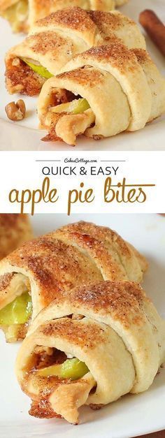 an apple pie is cut in half and stacked on top of each other with the words quick and easy apple pie bites