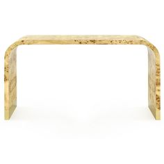 a marble and brass console table with a curved wooden base, on a white background