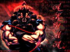 an anime character with his arms crossed in front of red and black text on a dark background