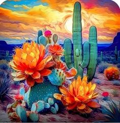 a painting of cactuses in the desert at sunset