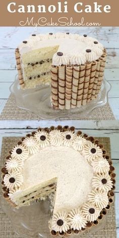 a cake that is sitting on top of a glass plate with the bottom half cut off