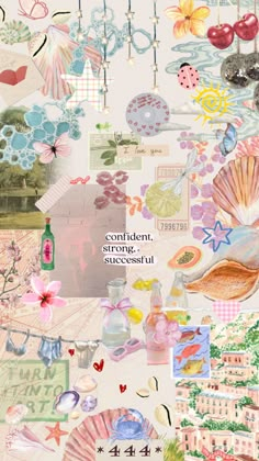 the collage is made up of many different items and colors, including shells, flowers,