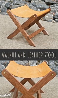 a wooden chair that is sitting on top of some rocks with the words walnut and leather stool