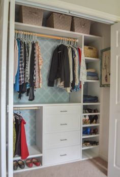 an organized closet with clothes, shoes and other items in it's storage area