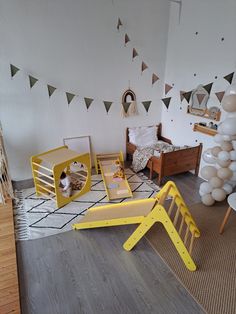 a room filled with furniture and decorations on the floor, including a dog in a bed