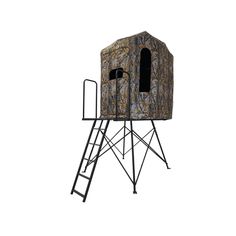 a tree stand with two doors and a ladder to the side, against a white background