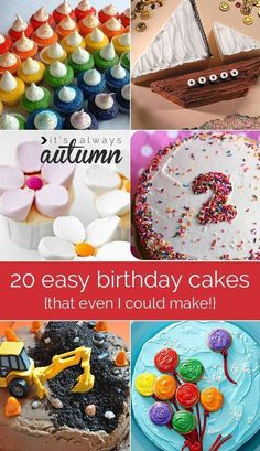 there are many different birthday cakes and cupcakes in this collage with the words, 20 easy birthday cakes that even could make