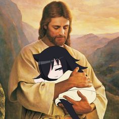 a painting of jesus holding a baby in his arms