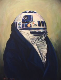 a painting of a person wearing a helmet with a droid on it's face